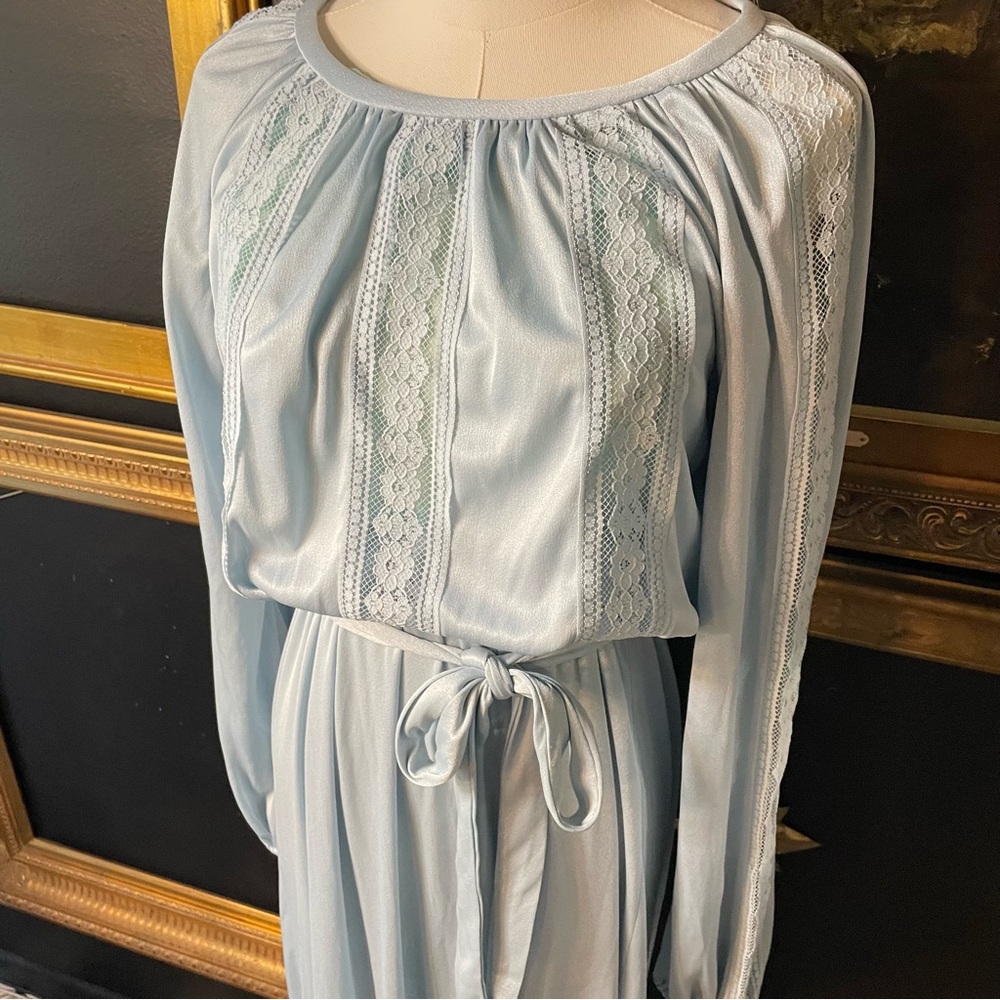 Vintage 70s Montgomery Ward Long Blue Dress with Lace S - Picture 7 of 10